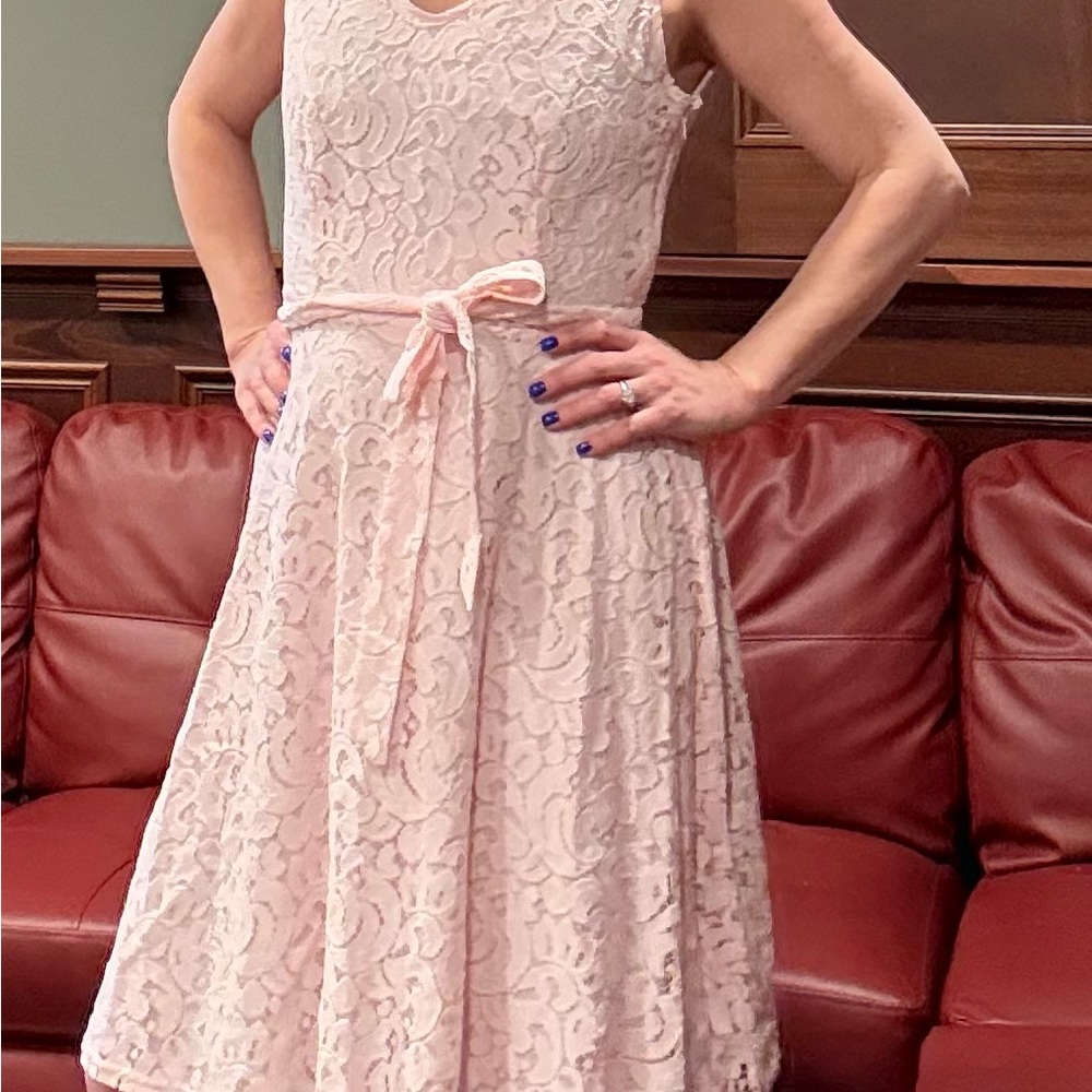 Sharagano Lace Midi Dress in Soft Pink